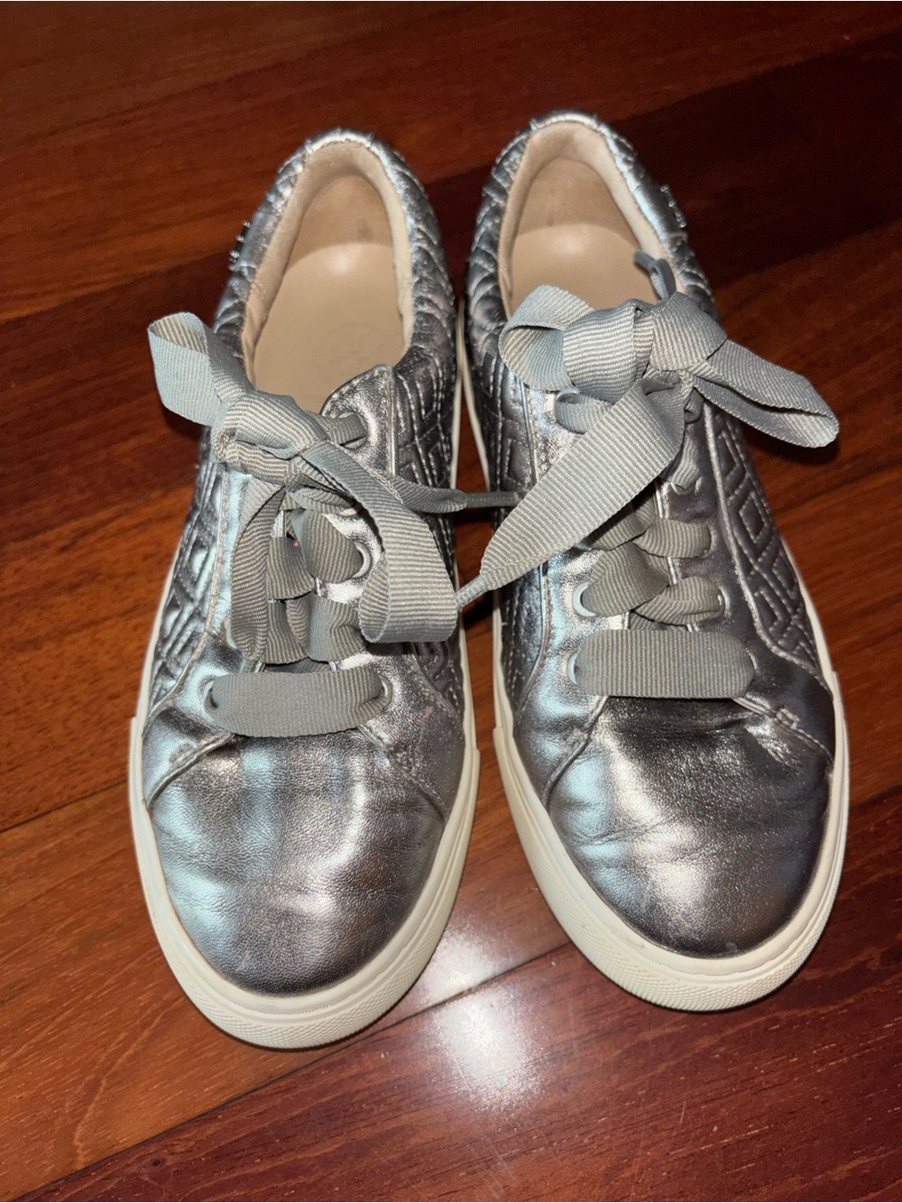 Tory Burch Silver Leather Upper Sneakers